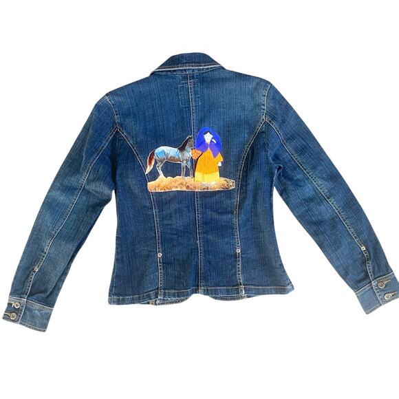 VTG Western Embellished Stretch Denim Blazer Jacket Sz S Horse Girl Pointer Dog - Picture 3 of 13